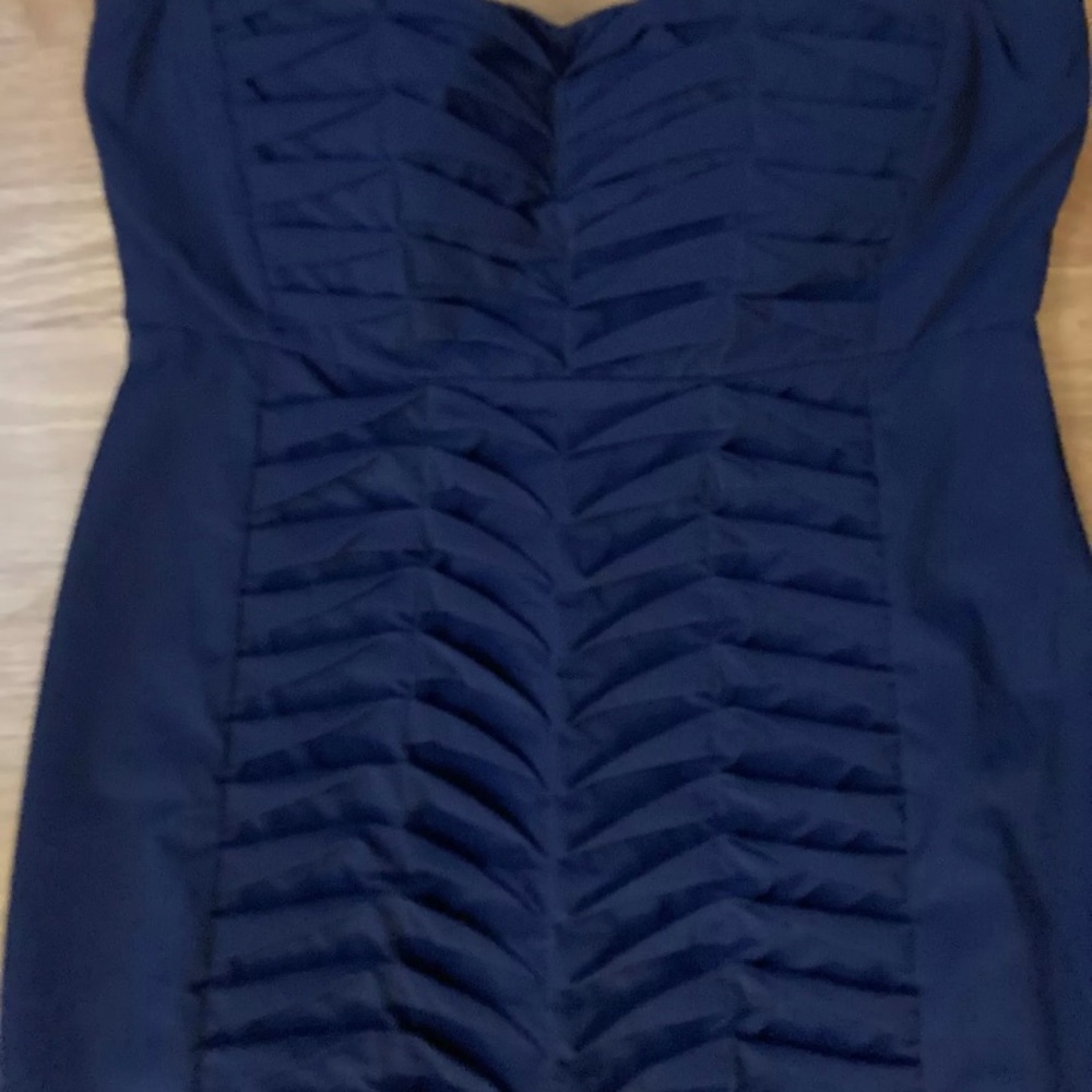 bloomingdales aqua brand navy blue origami strapless dress medium fitted